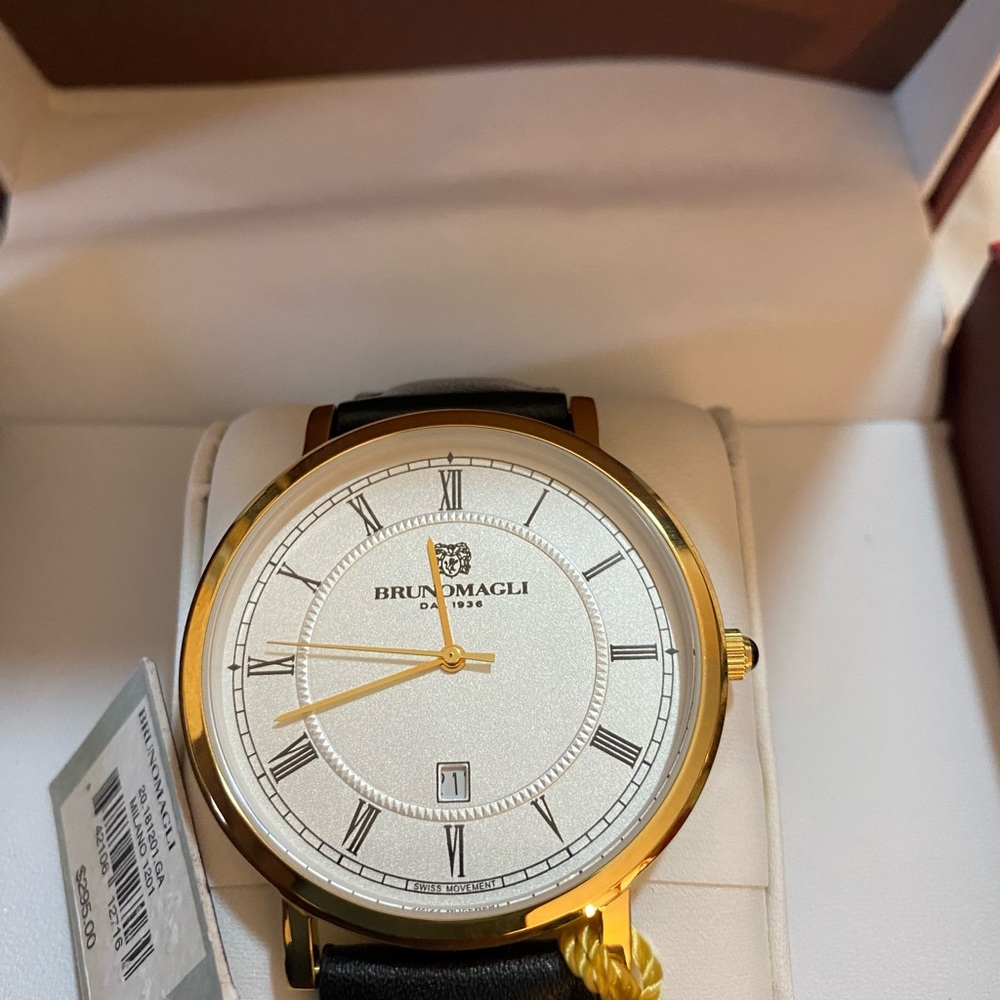 Bruno Magli swatch gold white dial date at 6 with box and papers.